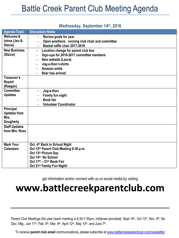 First Parent Meeting of the 2016-17 Academic Year is Tonight! Battle Creek Club